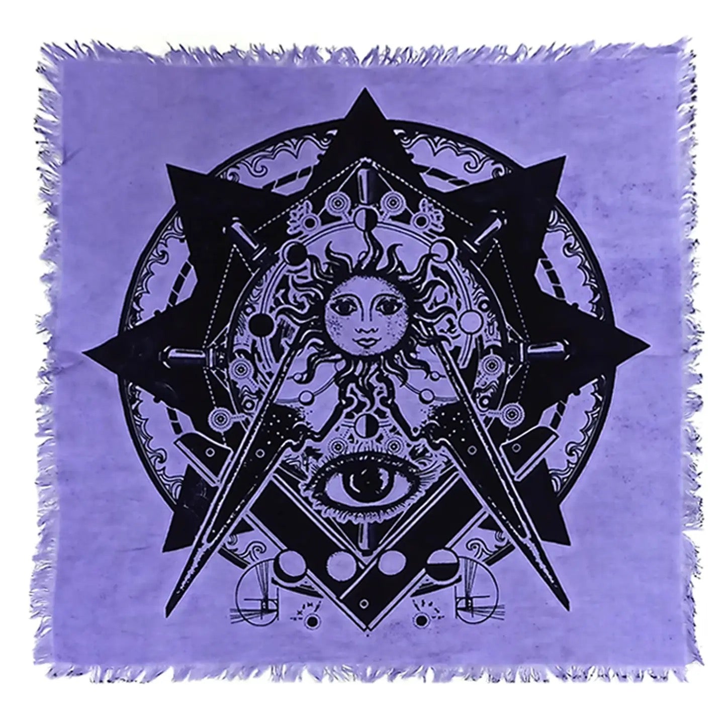 Purple fabric with black geometric and celestial design