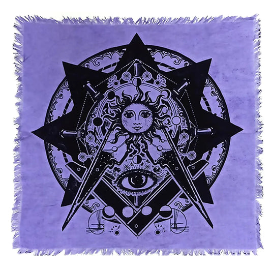 Purple fabric with black geometric and celestial design