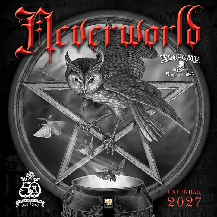 Calendar cover with an owl, pentagram, and 'Neverworld' text on a dark background