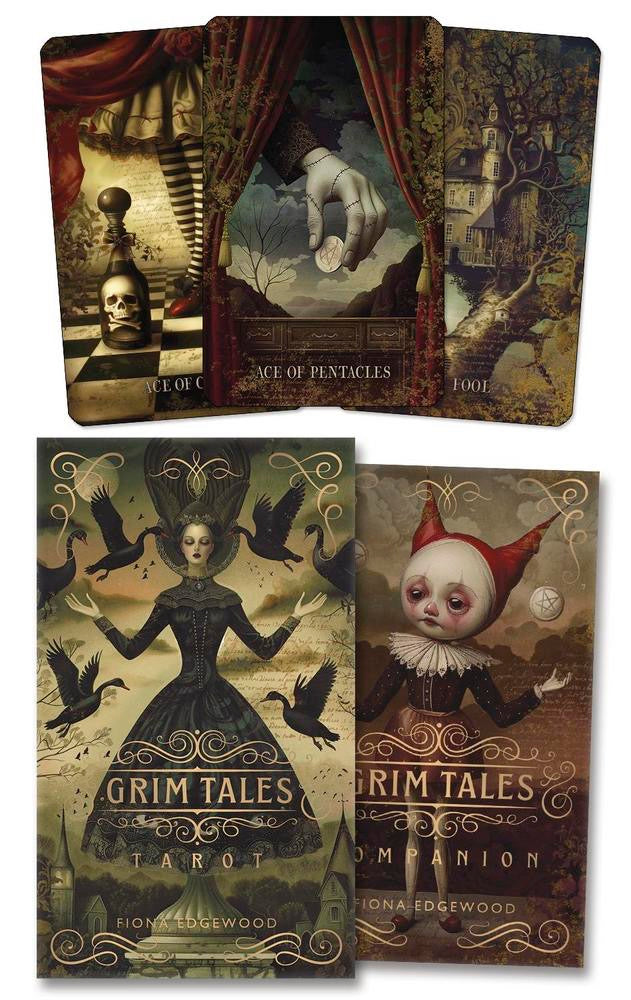 Grim Tales tarot cards with dark, artistic designs on a wooden surface.