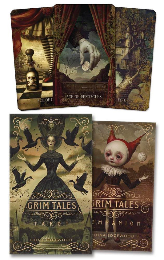 Grim Tales tarot cards with dark, artistic designs on a wooden surface.