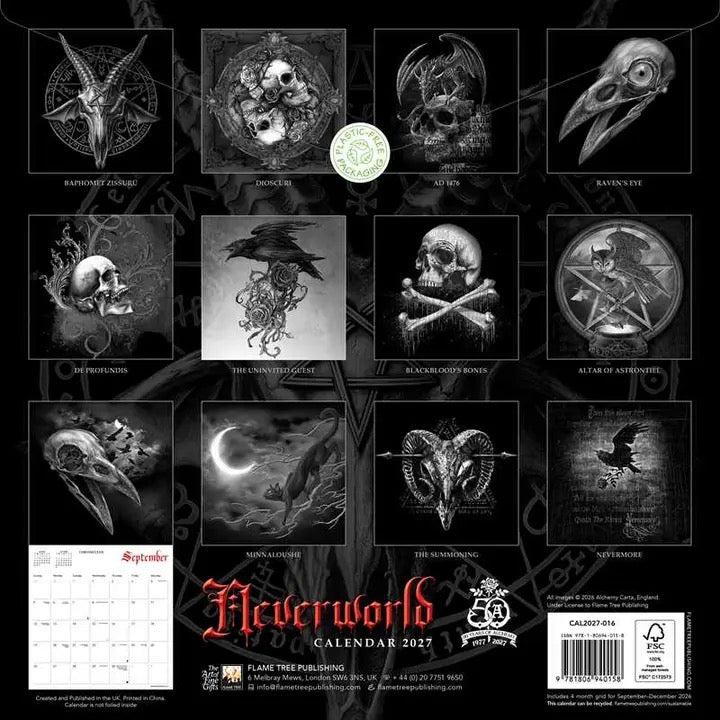 Back cover of the Neverworld 2027 wall calendar by Lake Tree Pub. Publishing, featuring a grid of 12 black-and-white gothic illustration panels with titles such as 'Baphometic Cosmos,' 'Doppelgäng,' 'Crown,' 'Raven's Eye,' 'The Prophecies,' 'The Navvage Soul,' 'Black Crow's Ways,' 'Akum of Astartoth,' 'Sacrifice,' 'The Moon and the Crying Wolf,' 'Raven's Nest,' and 'Omen.