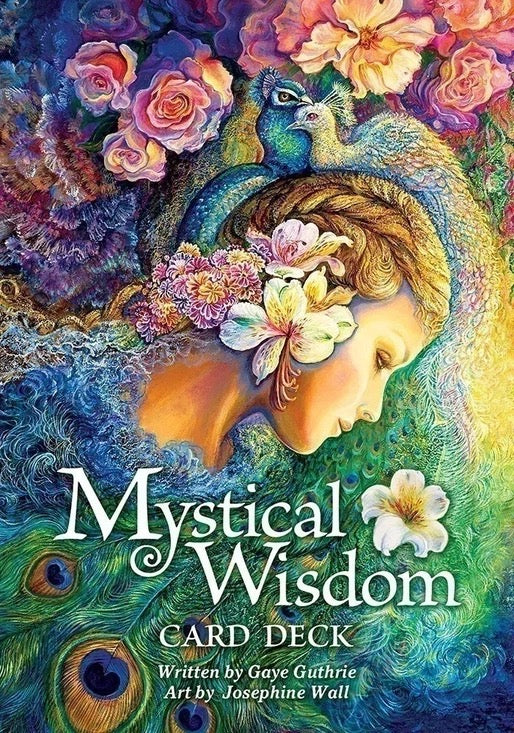 Cover of 'Mystical Wisdom' card deck with a colorful design featuring a woman's face, flowers, and peacock feathers.