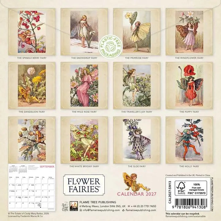 Back cover of the September 2027 issue of Flairde Tree Publishing's 'Flower Fairies' calendar, featuring a 4x3 grid of 12 vintage-style fairy illustrations on a cream background, with a calendar page preview, barcode, and publisher details at the bottom.