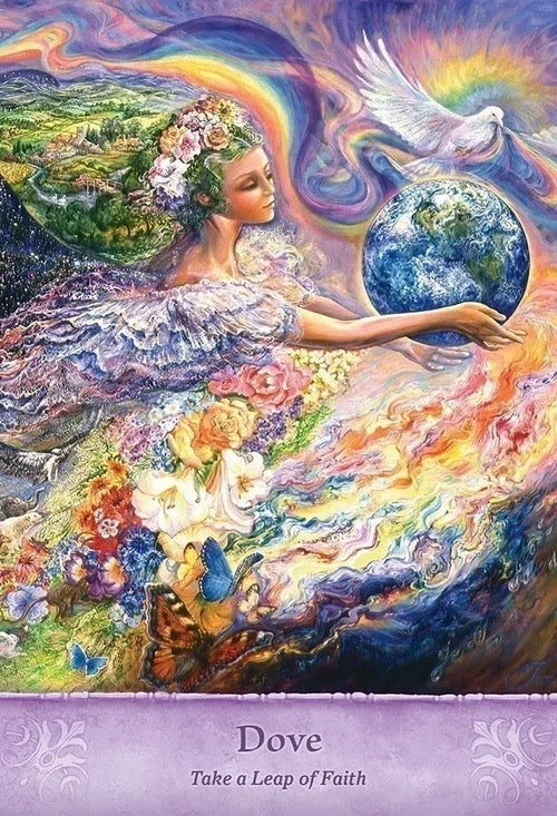 Colorful artwork of a woman holding the Earth with a dove and rainbow in the background, titled 'Take a Leap of Faith'.