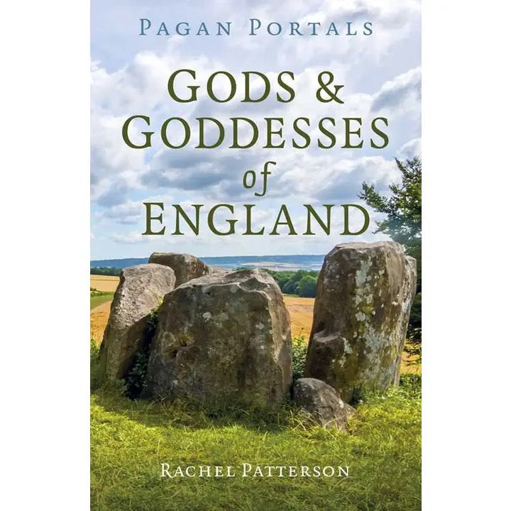 Book cover for 'Gods & Goddesses of England' by Rachel Patterson, featuring a scenic photograph of a stone monument in a grassy field under a cloudy sky, with the title in large green text and the series name 'Pagan Portals' at the top.