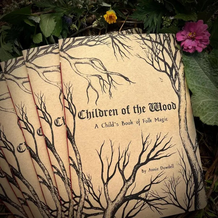 A stack of booklets or books titled "Children of the Blood: A Child's Book of Folk Magic" by Annie Dowell, featuring a beige cover with black branch illustrations, photographed outdoors among green leaves and small flowers.