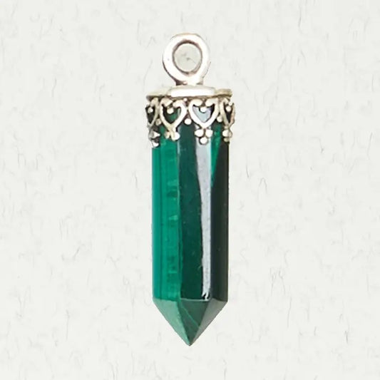 Green crystal pendant with silver top on a white background