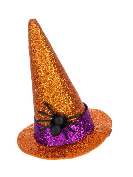 A miniature glittery orange witch hat with a purple glitter band and a black spider decoration, isolated on a white background.