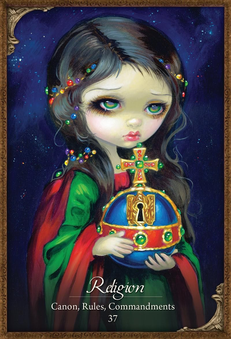 Illustration of a girl holding a crown with 'Religion' text on a dark background
