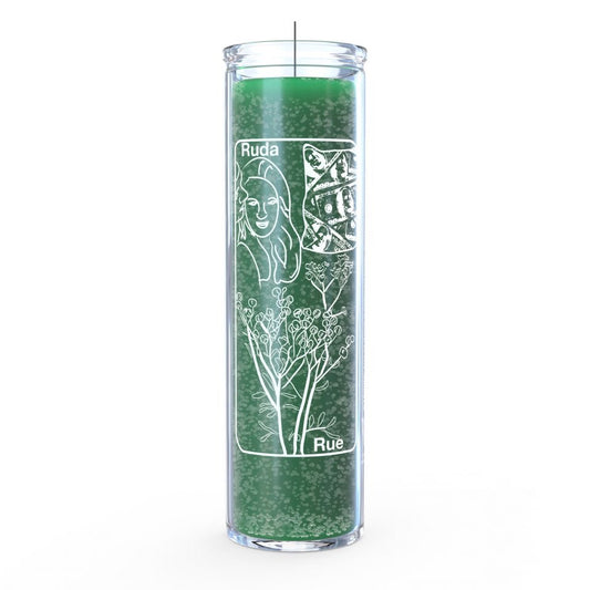 Green candle with white illustrations and text on a white background