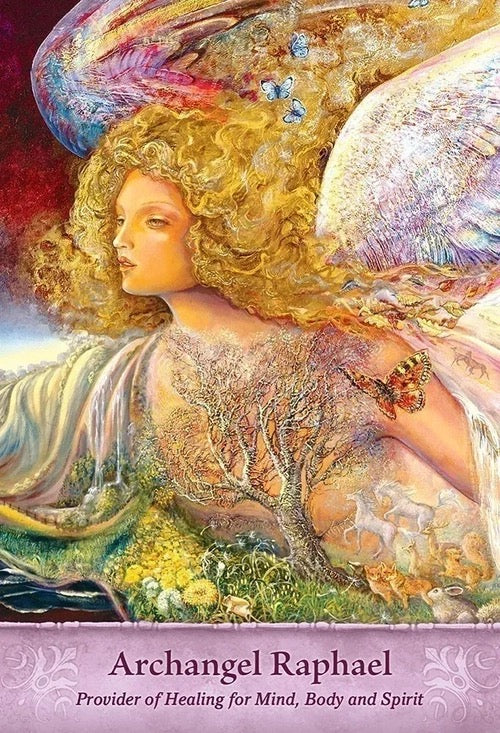 Illustration of Archangel Raphael with colorful wings and butterfly elements.