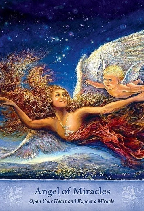 Artistic depiction of a woman with outstretched arms and an angel, set against a starry night sky.