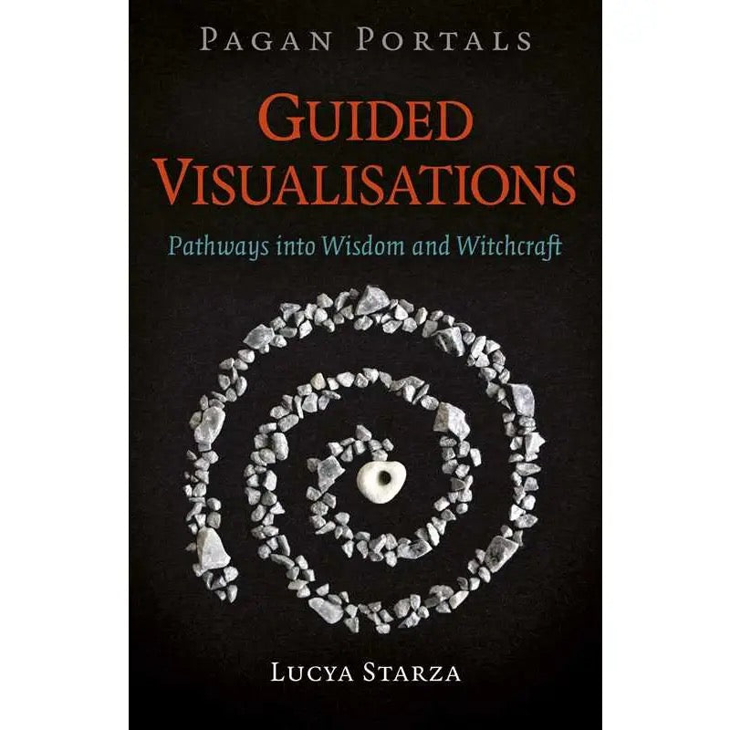 Book cover of 'Pagan Portals Guided Visualisations' with stone spiral design on a black background