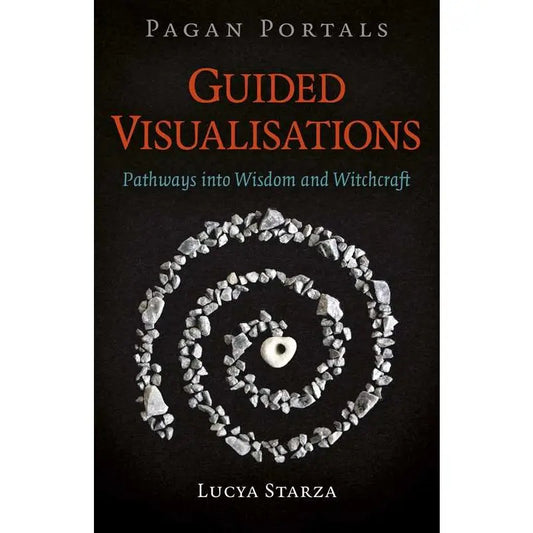 Book cover of 'Pagan Portals Guided Visualisations' with stone spiral design on a black background