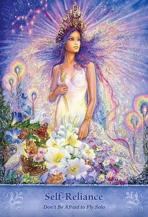 Artistic depiction of a woman with a crown surrounded by flowers and butterflies, with text 'Self-Reliance' at the bottom.