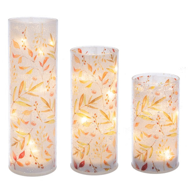Set of three cylindrical candles with leaf pattern on a white background LED