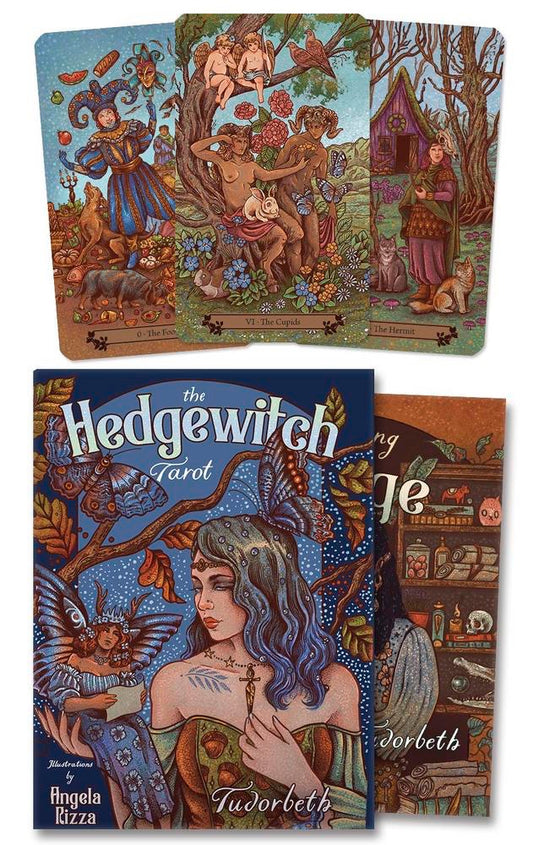 Hedgewitch Tarot cards with colorful illustrations and a central card featuring a woman with blue hair.