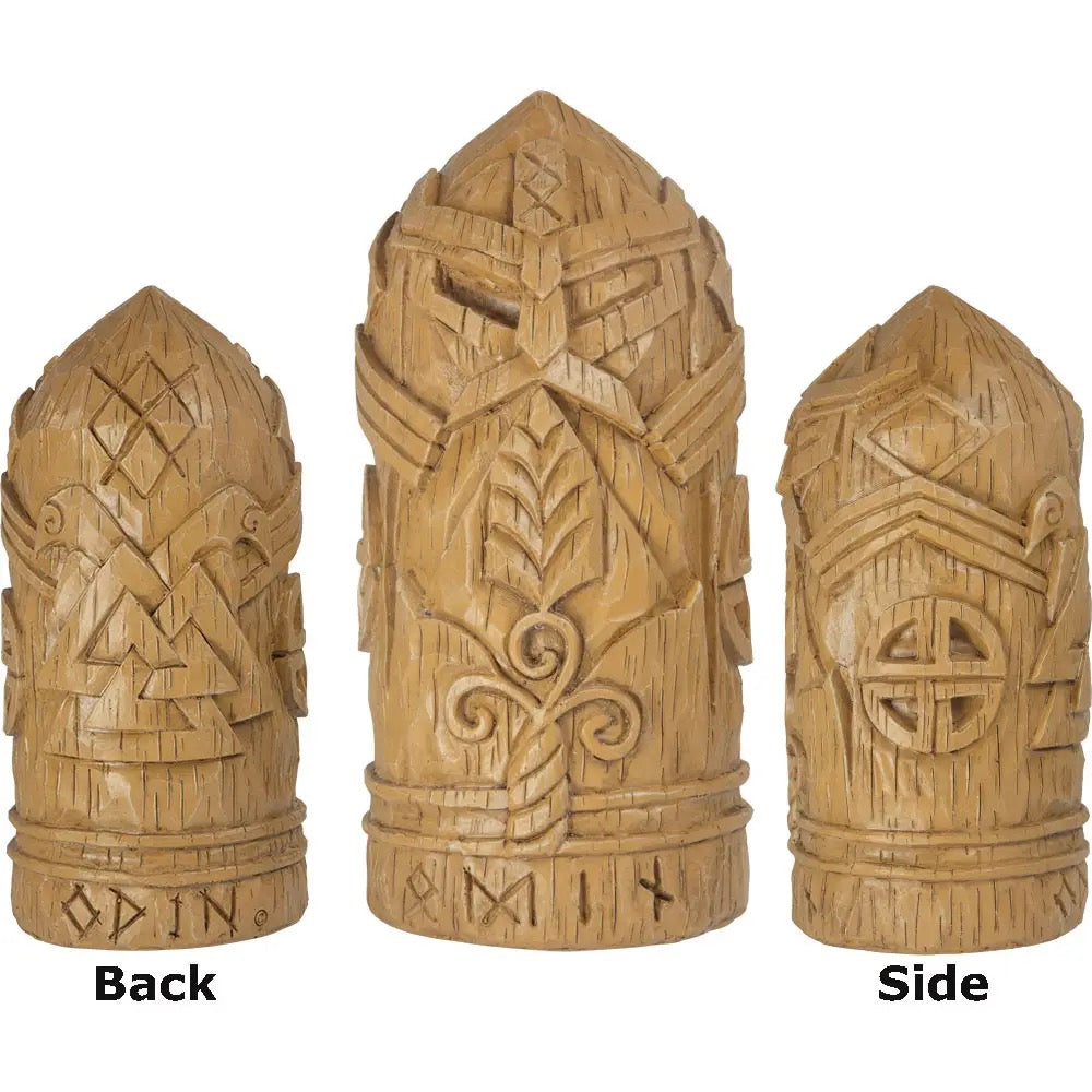 Wooden container with carvings and 'Odin' text, shown from back, side, and front views.