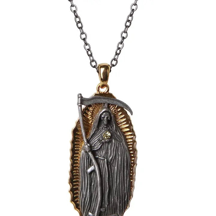 A silver-toned and gold-toned Miraculous Medal pendant necklace on a matching chain, shown against a plain white background.