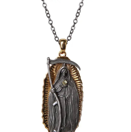A silver-toned and gold-toned Miraculous Medal pendant necklace on a matching chain, shown against a plain white background.