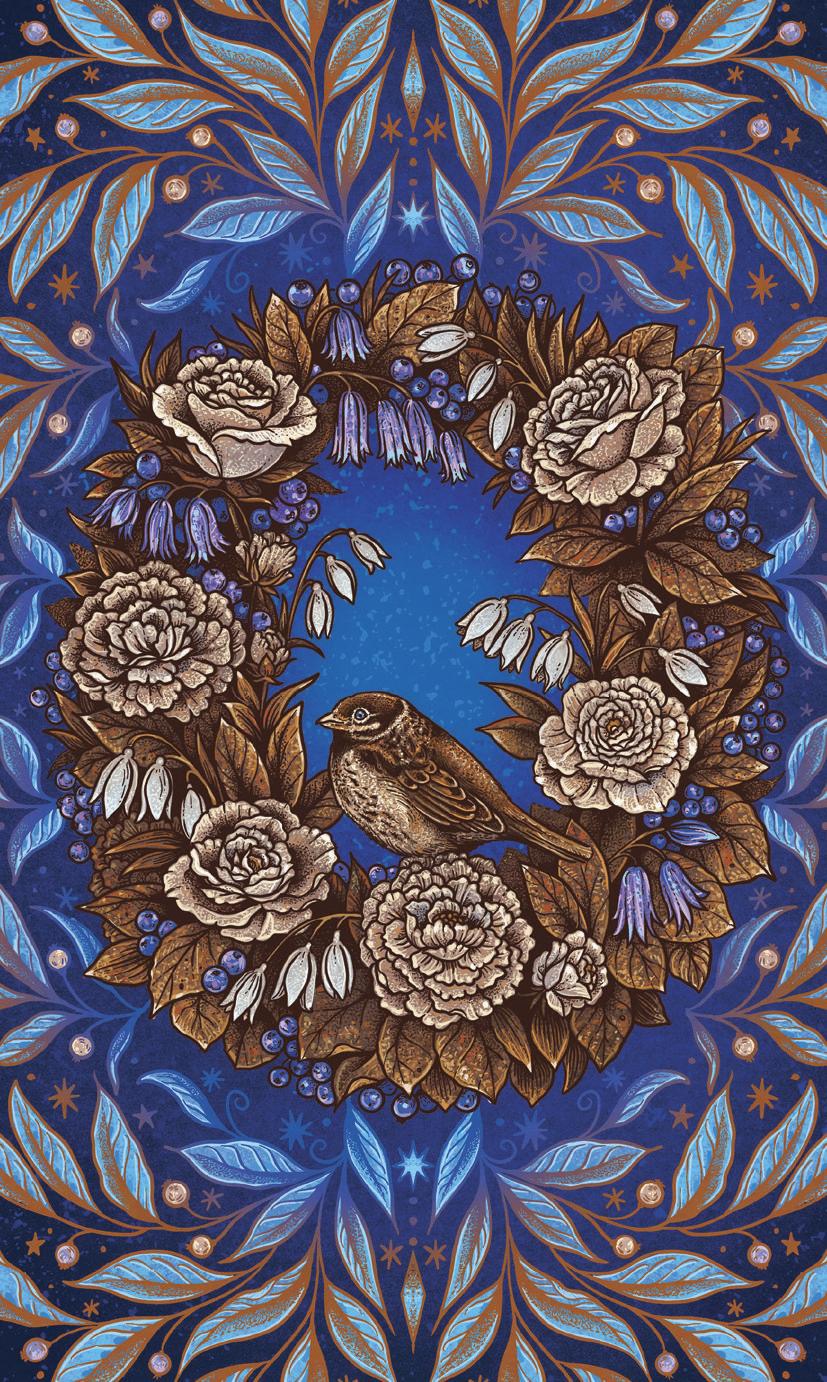 Decorative design with flowers, a bird, and intricate patterns on a blue background