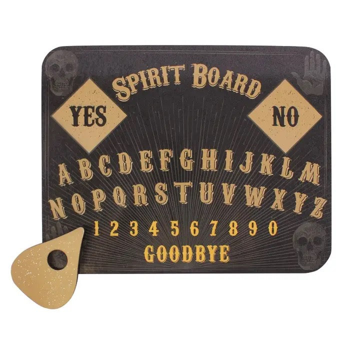 Ouija-style spirit board with yes, no, and number options on a black background