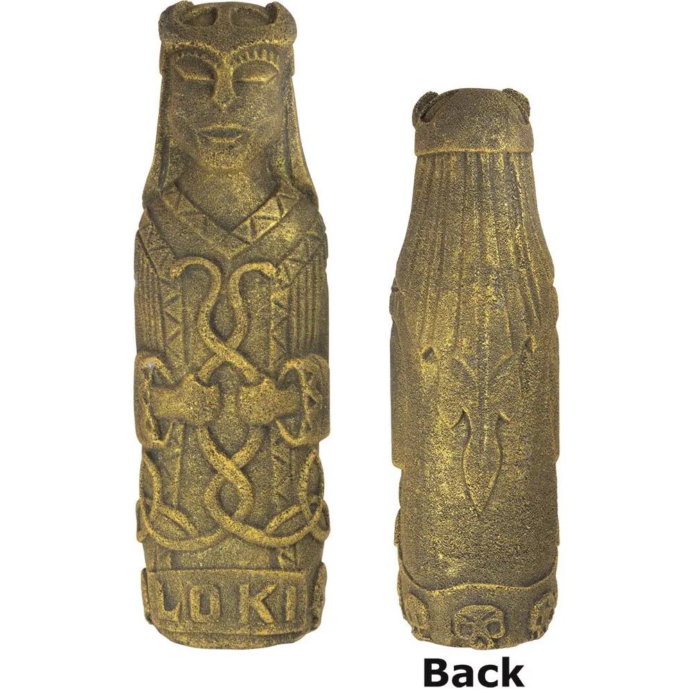 Decorative bottle with intricate designs and 'Loki' branding on a white background