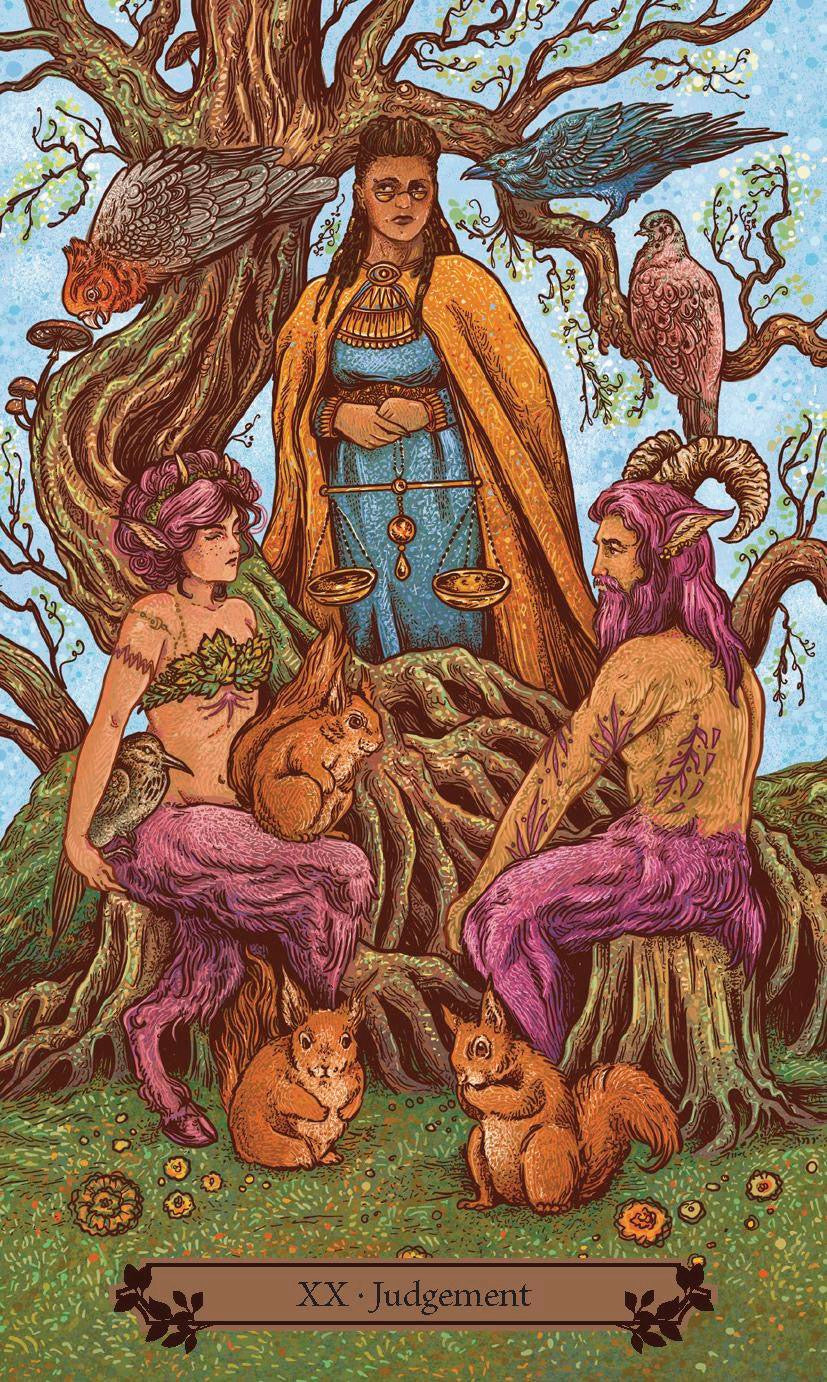 Tarot card titled 'Judgement' featuring three figures and animals around a central figure with scales.