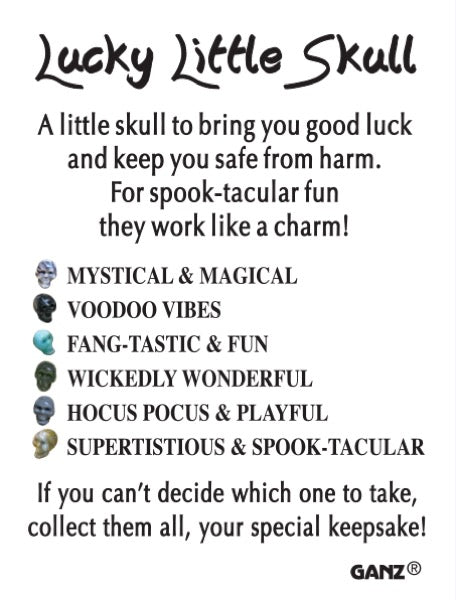 Promotional text for 'Lucky Little Skull' with various descriptions and a Ganz logo.