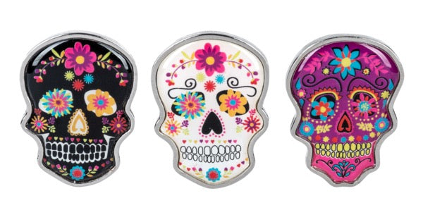Front Three colorful skull designs with floral patterns on a white background