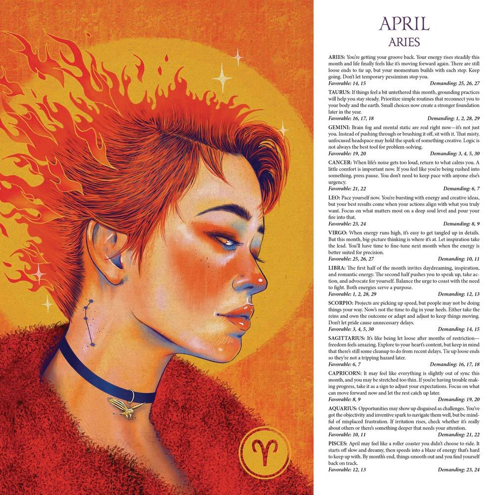 Illustration of a woman with fiery hair and Aries symbol on an orange background with text.