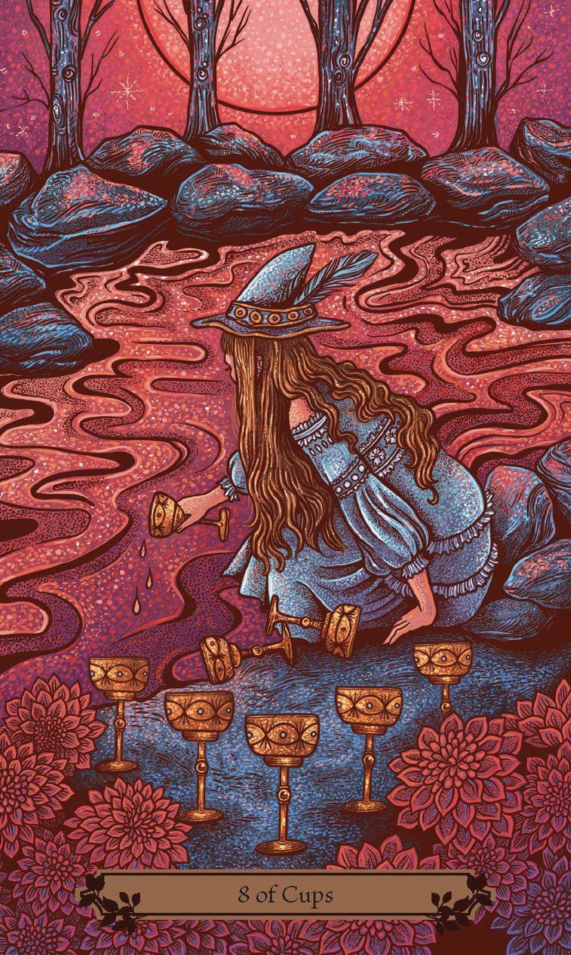 Tarot card featuring a woman in a forest with cups around her