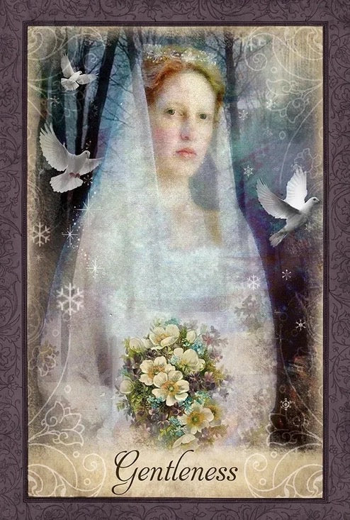 Woman in a white dress with a veil and flowers, surrounded by doves and decorative elements, with the word 'Gentleness' at the bottom.