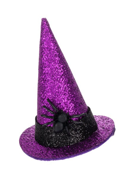 A small purple glitter witch hat with a black glitter band and a black spider decoration, shown on a plain white background.