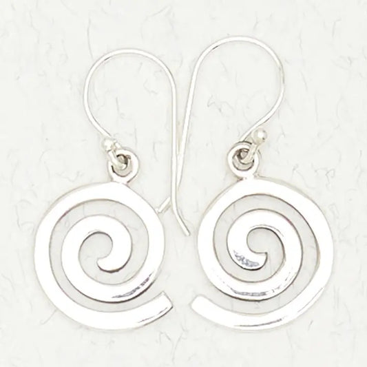 Silver spiral earrings on a light gray background