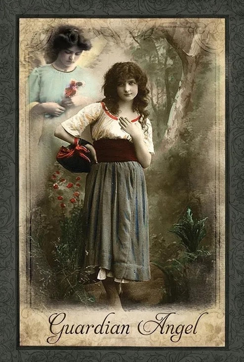 Vintage-style illustration of two women with text 'Guardian Angel' on a textured background
