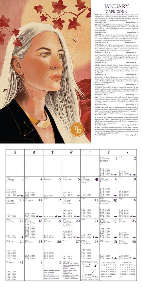 A January Capricorn astrology calendar page featuring a stylized portrait of a woman with white hair, red leaves, and a warm orange background, alongside a large monthly calendar grid with astrological details.
