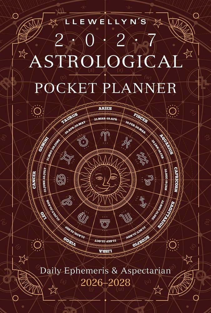 Llewellyn's 2027 Astrological Pocket Planner with astrological symbols on a brown background