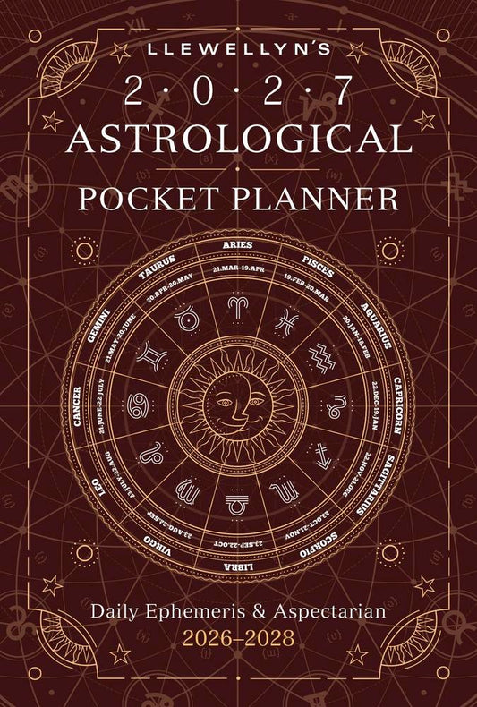 Llewellyn's 2027 Astrological Pocket Planner with astrological symbols on a brown background