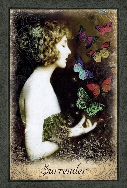 Vintage-style illustration of a woman with butterflies and the word 'Surrender' at the bottom.