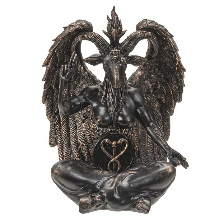 A dark metallic Baphomet statue featuring a seated goat-headed figure with large wings, a pentagram on the forehead, and a snake emblem on the chest, shown against a plain white background.