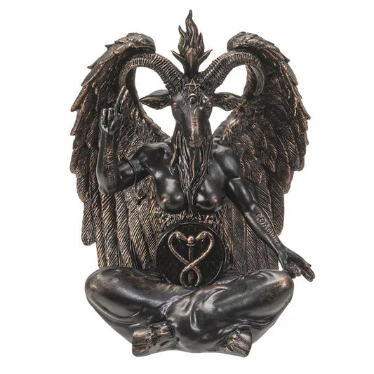 A dark metallic Baphomet statue featuring a seated goat-headed figure with large wings, a pentagram on the forehead, and a snake emblem on the chest, shown against a plain white background.