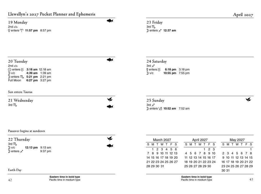 A flat lay of a weekly planner page set from Llewellyn's, showing pages for Monday through Sunday with time entries, notes, and a monthly calendar spread on a white background.