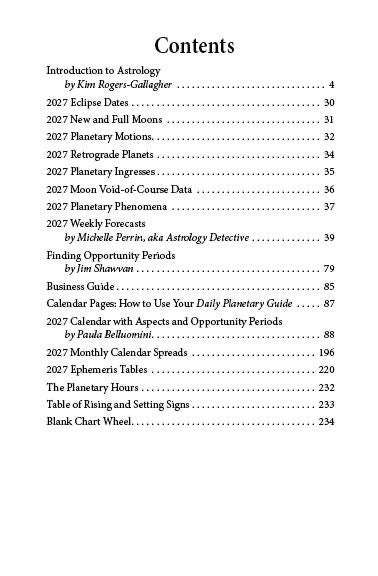 Table of contents for a book on astrology with chapter titles and page numbers.