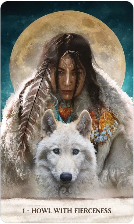 Person in native attire with a wolf in front of a full moon
