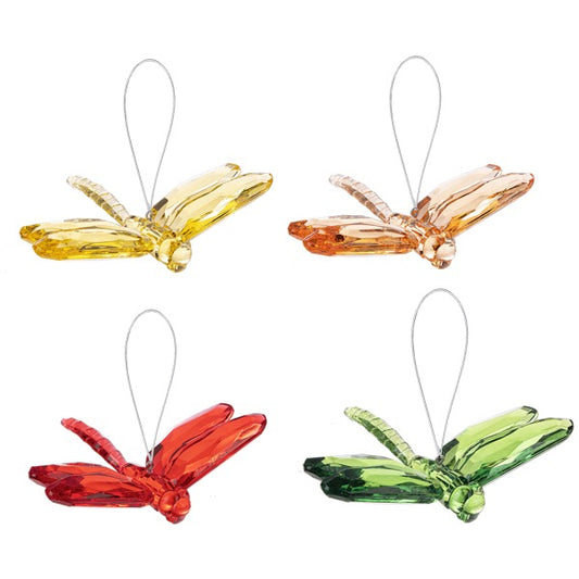 Four colorful dragonfly-shaped ornaments on a white background