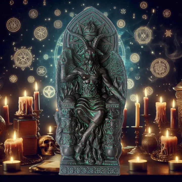 A dark, ornate statue of a seated goat-like with horns and a crown, centered in a ritual-style scene with candles, occult symbols, books, and a skull against a starry, mystical background.