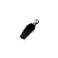 Black coffin-shaped pendant with silver rim on a white background
