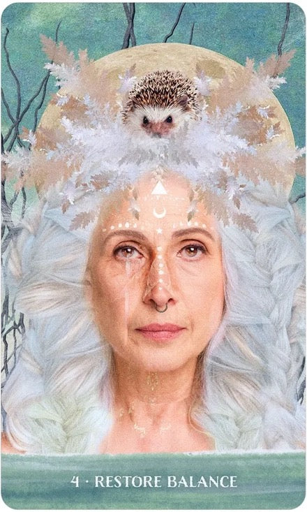 Card with a person wearing a headdress with a hedgehog, titled '4 - Restore Balance'.
